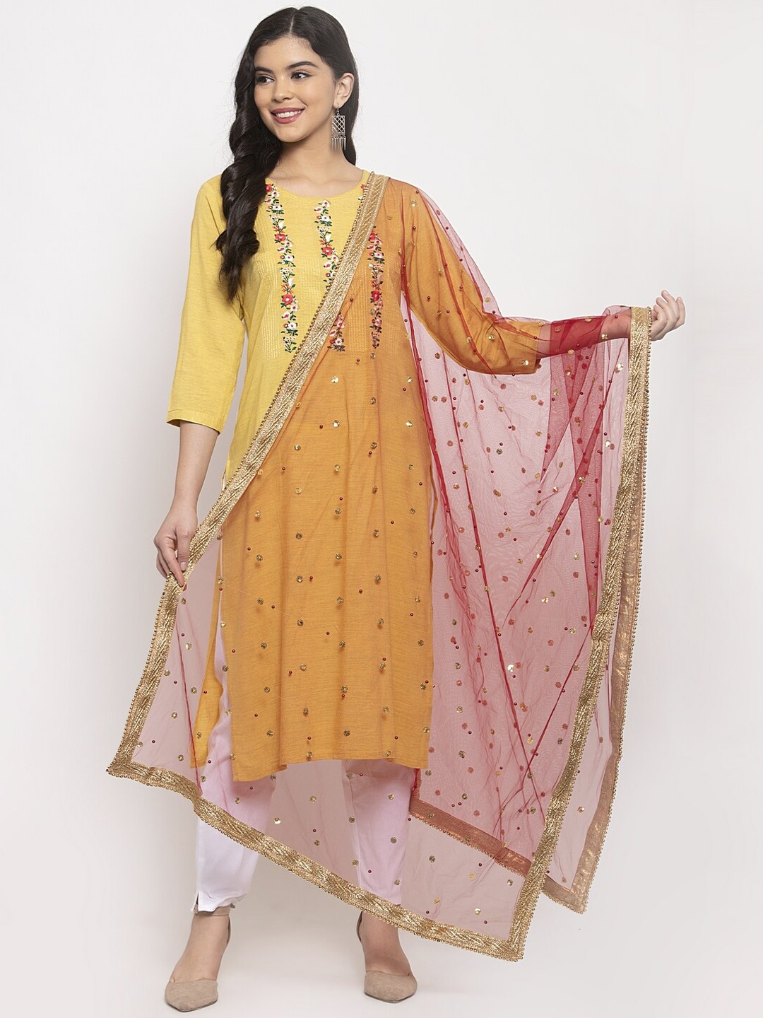 

Clora Creation Red & Gold-Toned Gotta Patti Net Dupatta