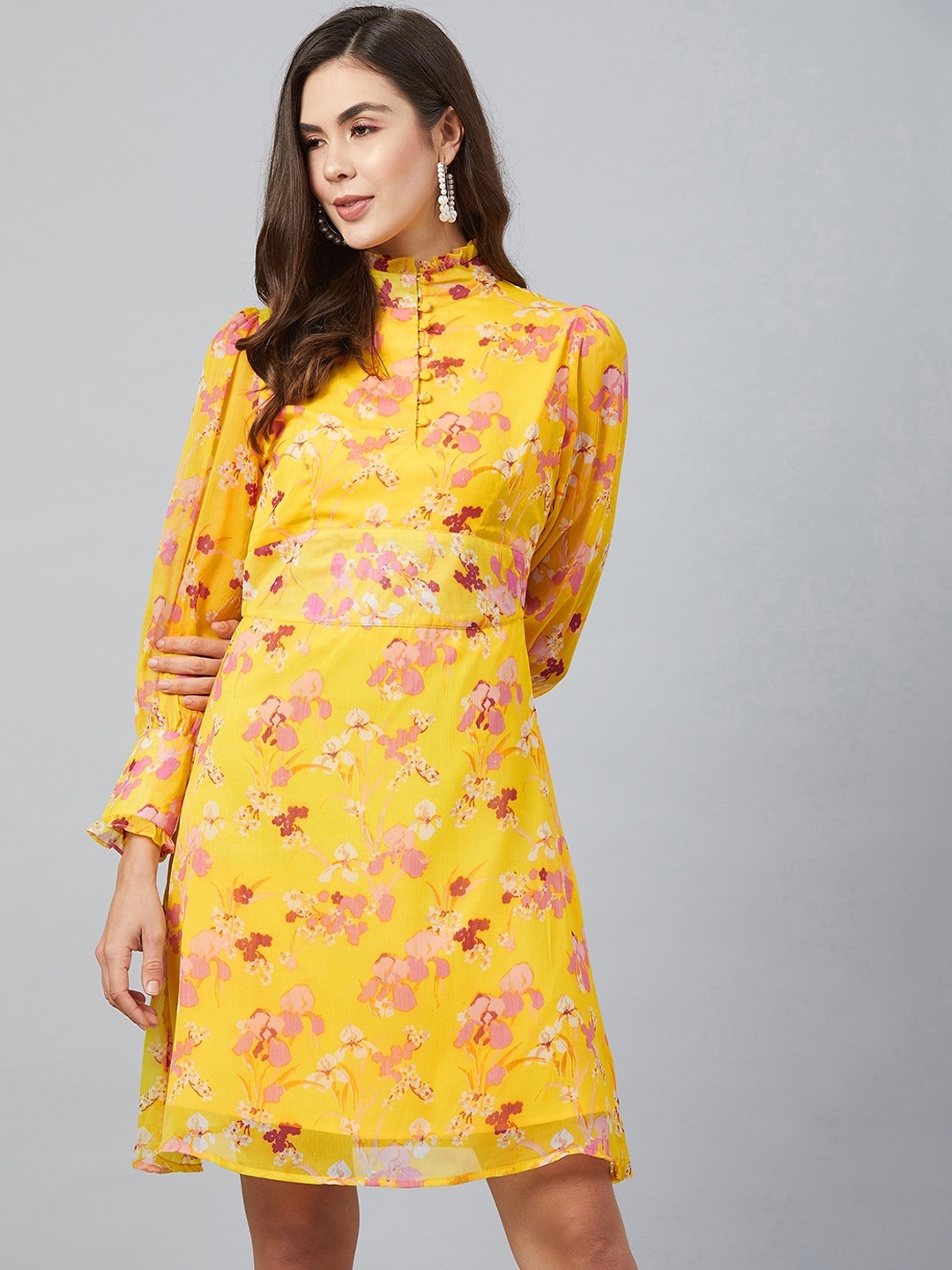 

RARE Women Yellow Floral Printed A-Line Dress