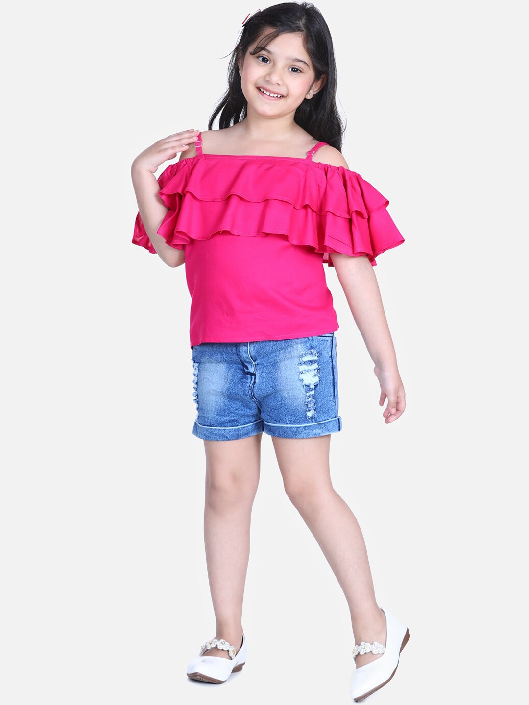 

StyleStone Girls Pink & Blue Solid Top with Denim Shorts