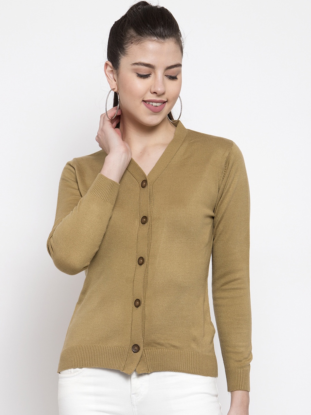 

Kalt Women Camel Brown Solid Cardigan Sweater