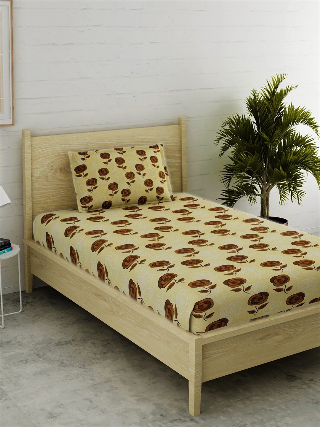 

EverHOME Beige & Brown Floral 144 TC Cotton 1 Single Bedsheet with 1 Pillow Cover