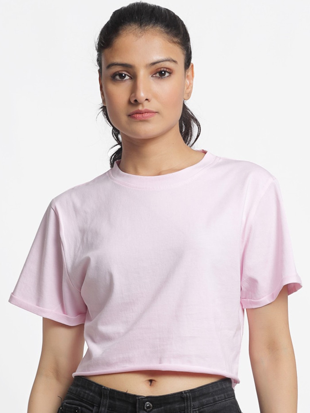 

DOOR74 Women Pink Solid Round Neck Cotton T-shirt