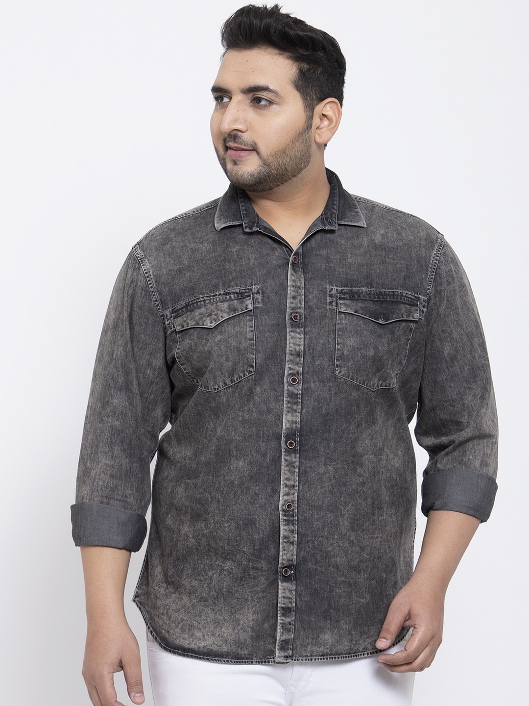 

plusS Men Regular Fit Denim Shirt, Charcoal