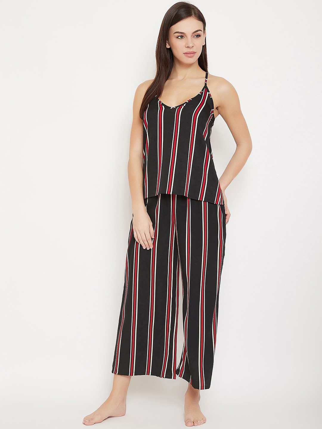 

Clovia Women Black & Red Striped Night Suit