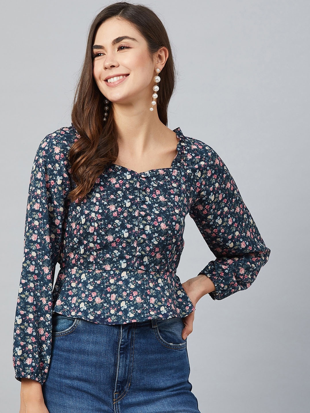 

RARE Navy Blue Printed Cinched Waist Top