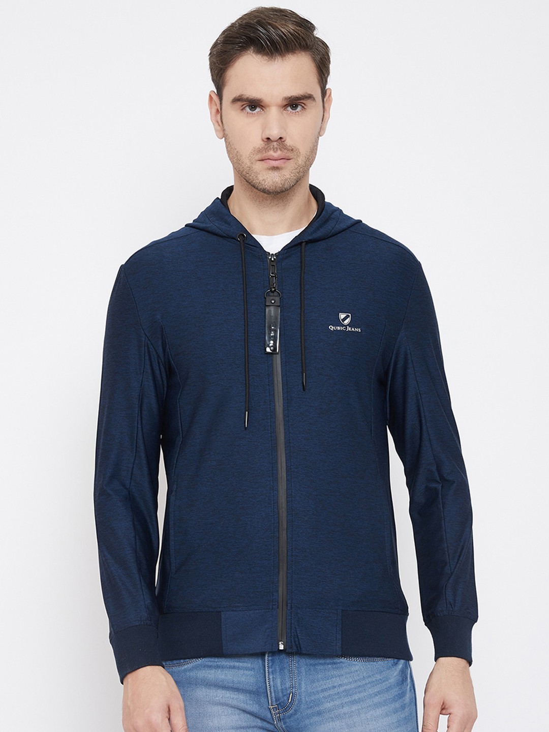 

QUBIC Men Blue Solid Hooded Sweatshirt