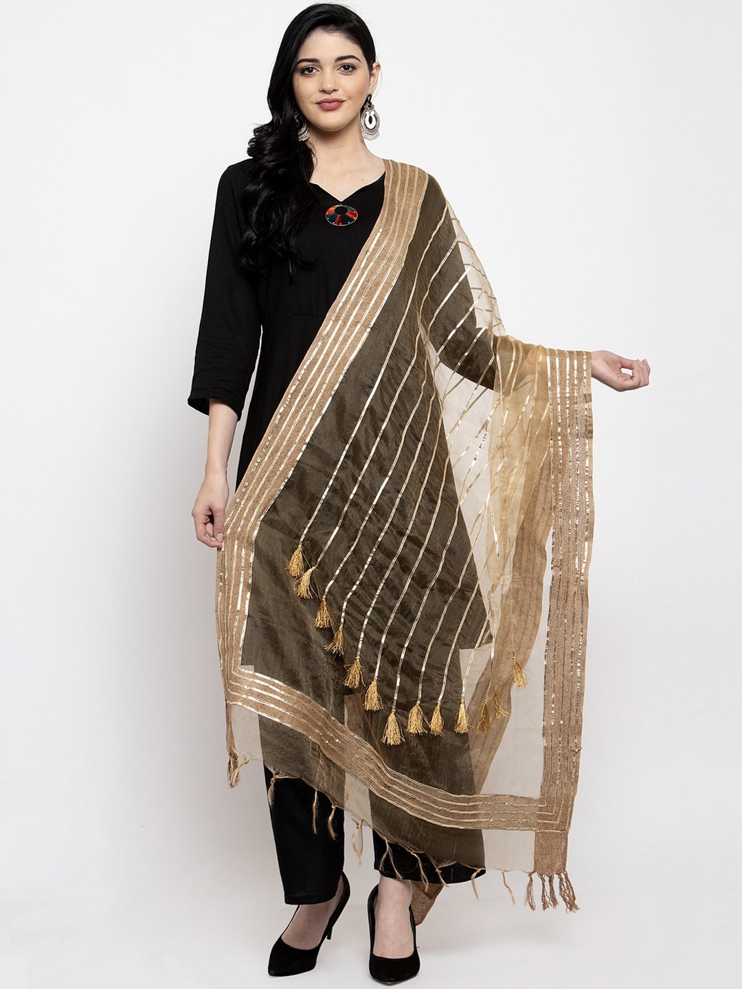 

Clora Creation Beige & Gold-Toned Striped Dupatta