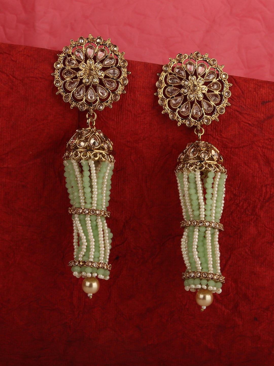 

ANIKAS CREATION Sea Green & Gold-Plated Circular Jhumkas