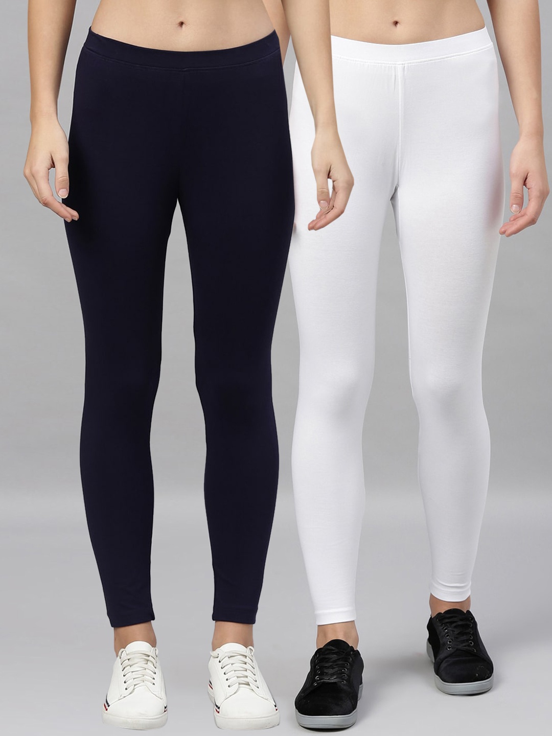 

Kryptic Women Pack Of 2 Navy Blue & White Solid Ankle-Length Leggings