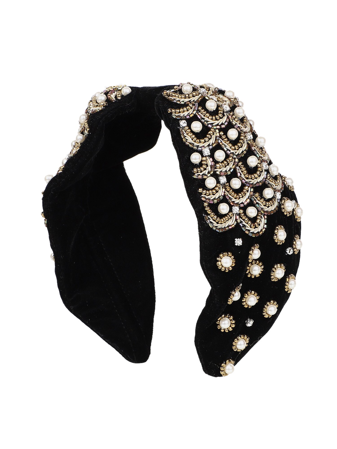 

Anekaant Women Black Velvet Pearl & Gold Beaded Hairband