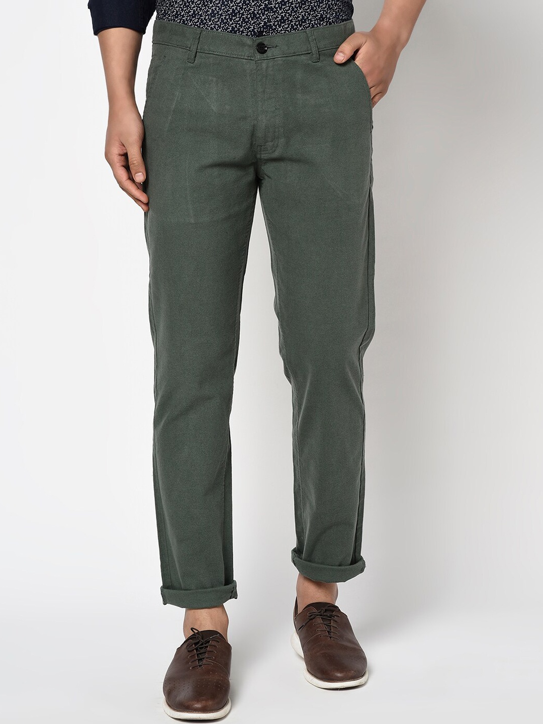 

Octave Men Olive Green Self Design Regular Trousers