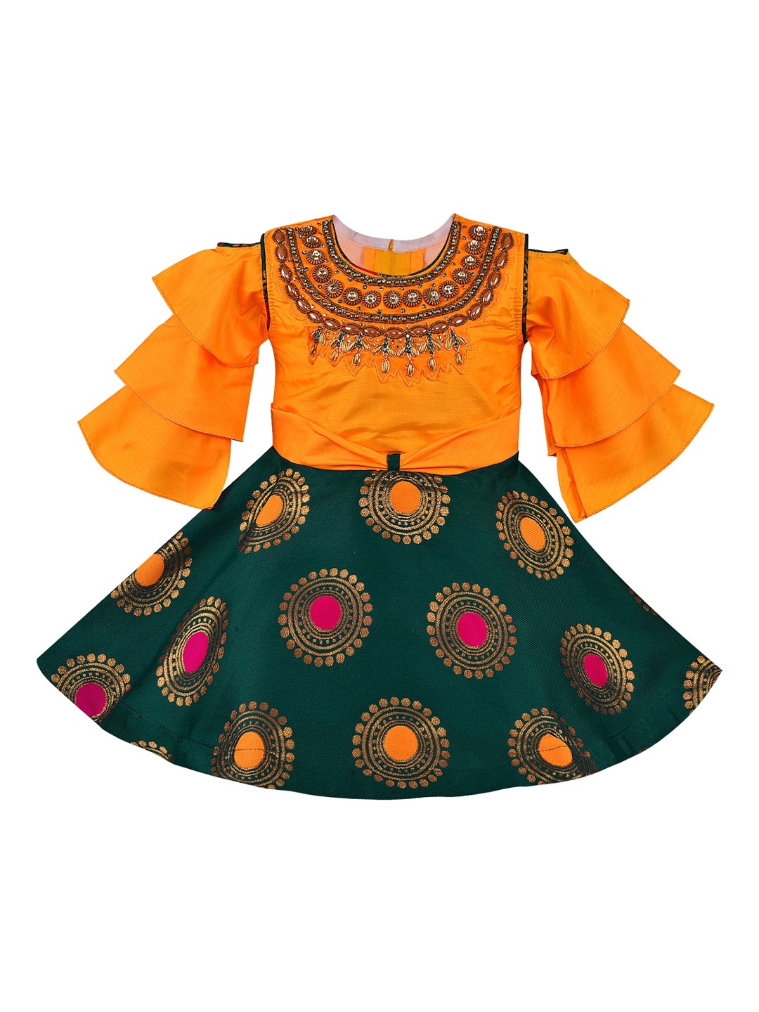 

Wish Karo Girls Orange Printed Fit and Flare Dress