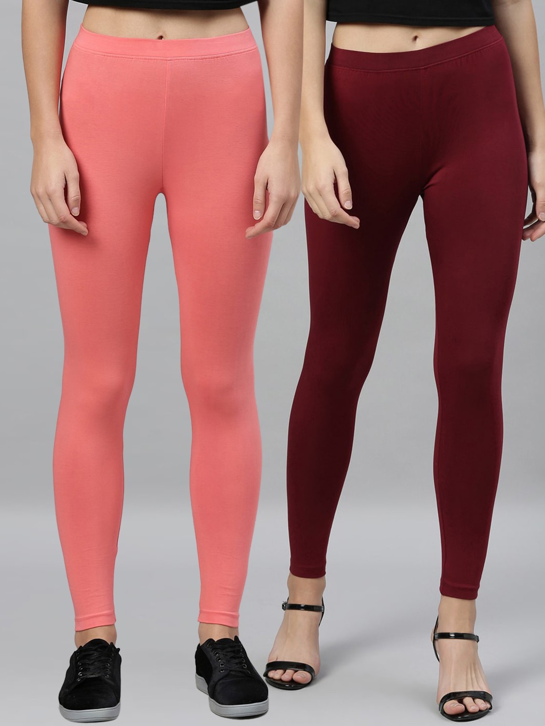 

Kryptic Women Pack Of 2 Solid Ankle-Length Leggings, Maroon