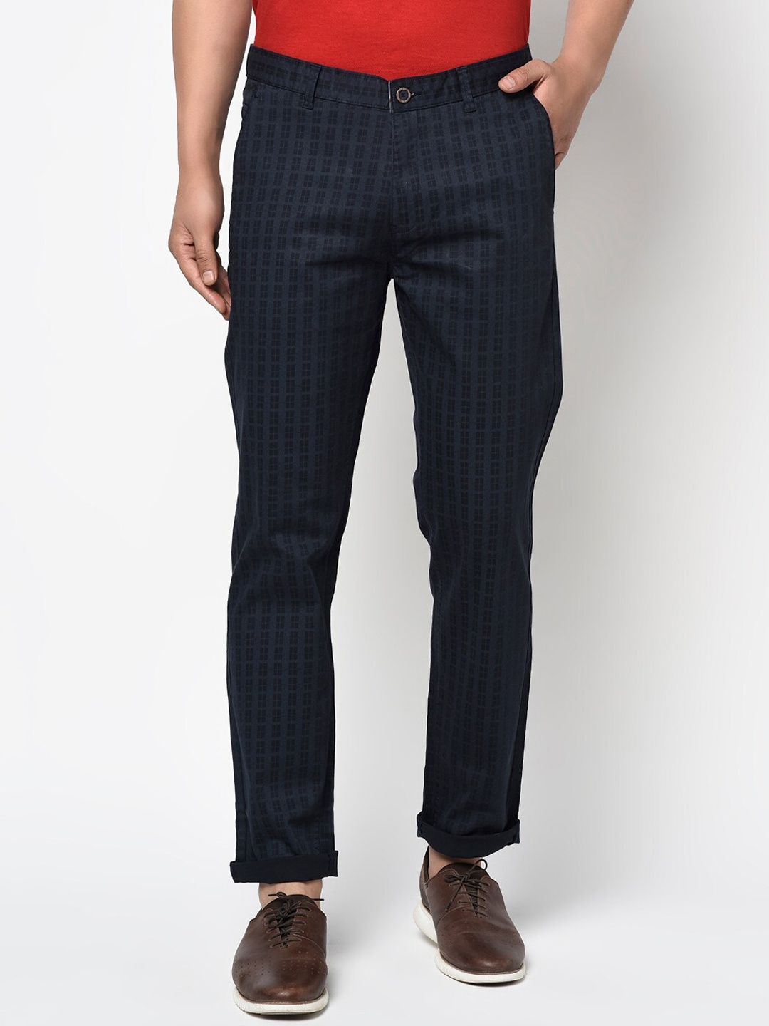 

Octave Men Navy Blue Regular Fit Checked Regular Trousers