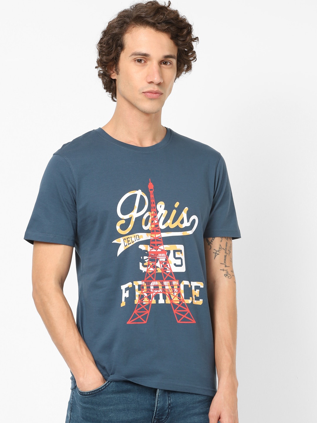 Celio Men Blue Printed Round Neck Pure Cotton T-shirt