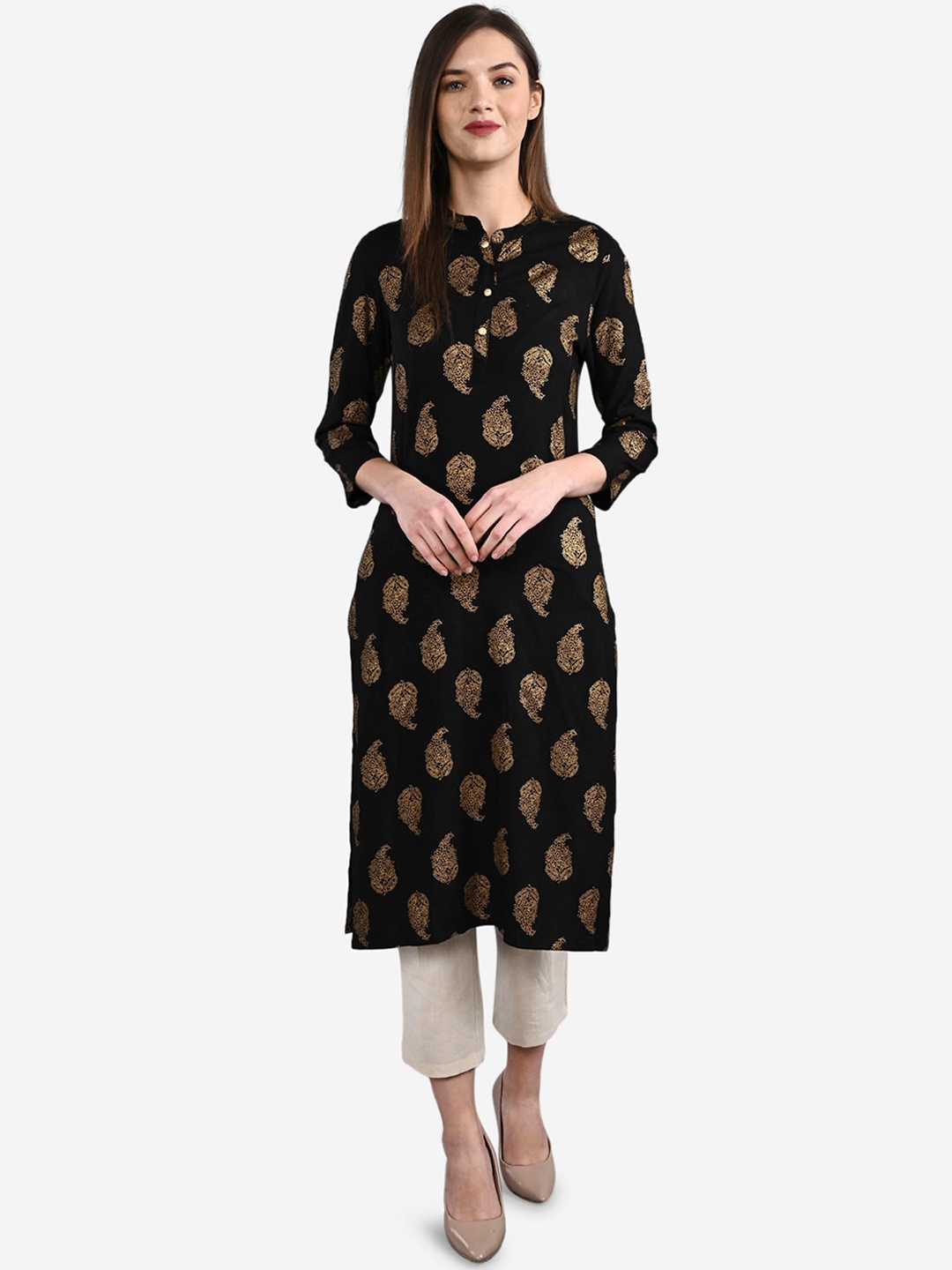 

Be Indi Women Black & Gold-Toned Printed Straight Kurta
