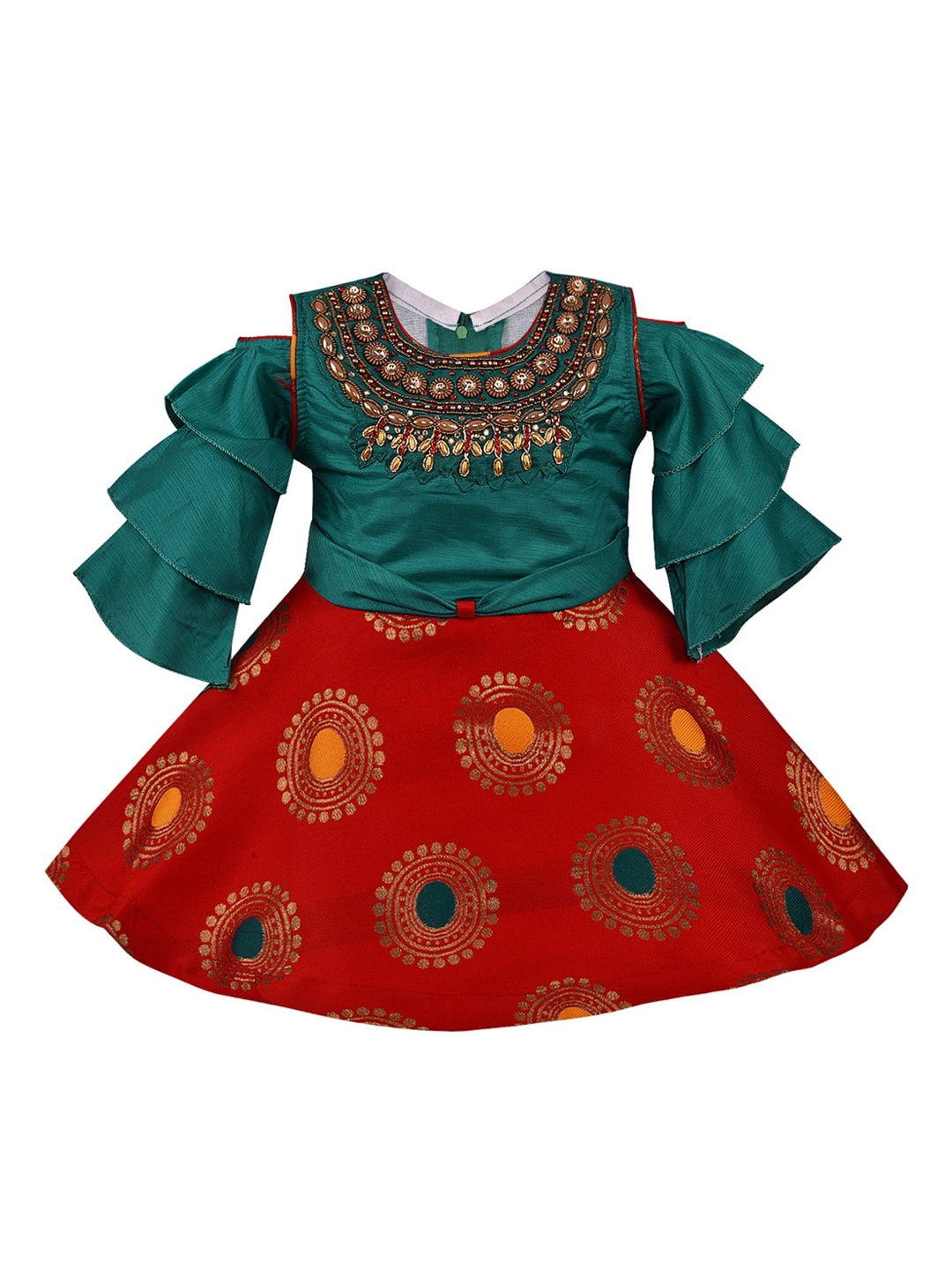 

Wish Karo Girls Maroon & Green Printed Fit and Flare Dress
