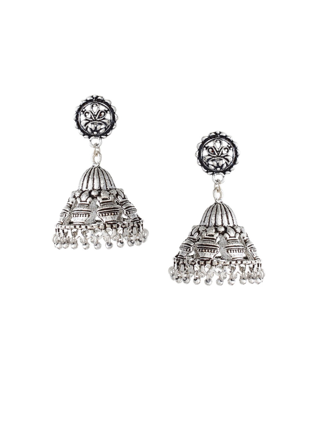 

Silvermerc Designs Silver-Toned & Black Contemporary Jhumkas