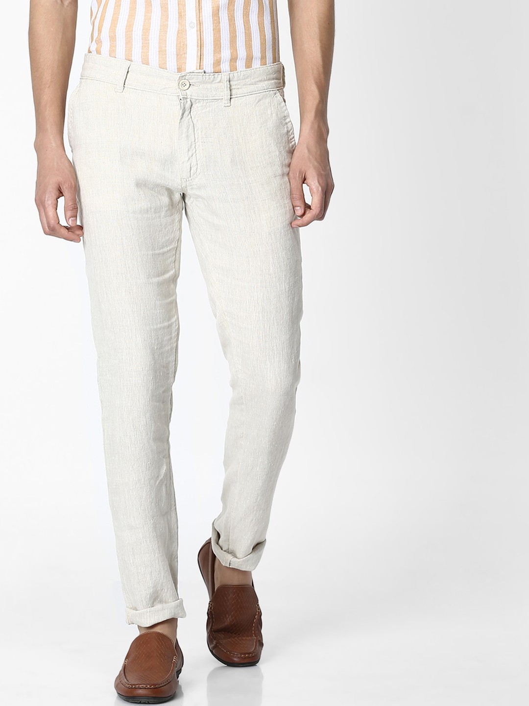 

Celio Men Beige Slim Fit Self Design Regular Trousers
