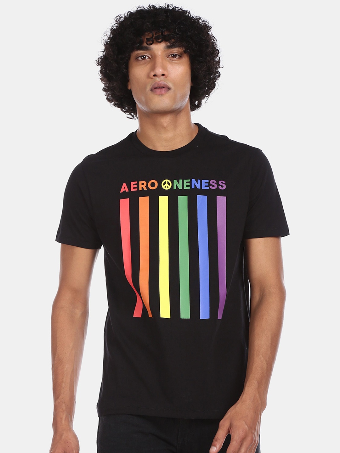 

Aeropostale Men Black Striped Round Neck T-shirt