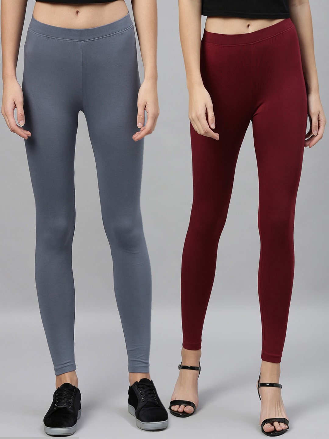 

Kryptic Women Pack Of 2 Solid Ankle-Length Leggings, Maroon