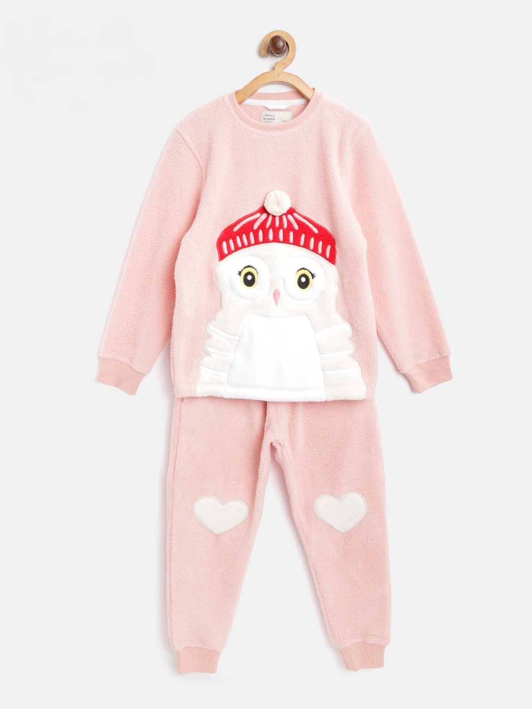 

Cherry Crumble Girls Pink Self Design Owl Applique Winter Nightsuit
