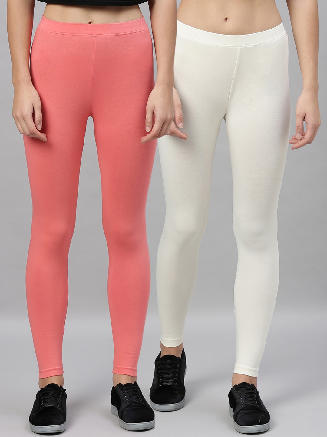

Kryptic Women Pack Of 2 Peach-Coloured & White Solid Ankle-Length Leggings