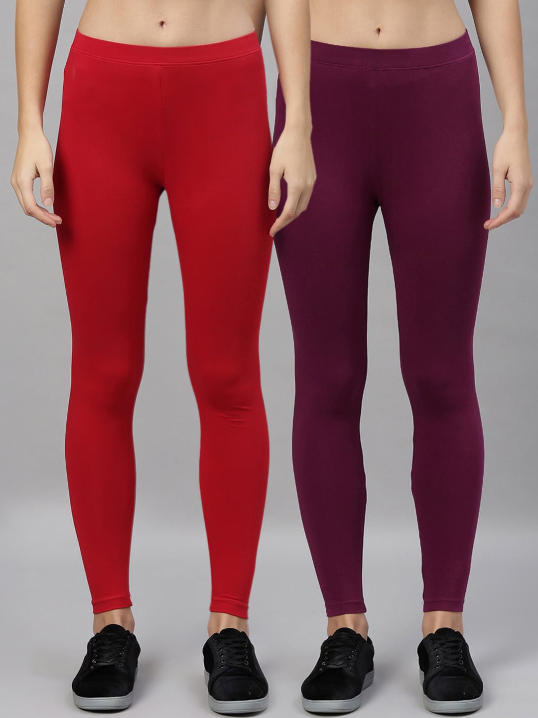 

Kryptic Women Pack Of 2 Red & Burgundy Solid Ankle-Length Leggings