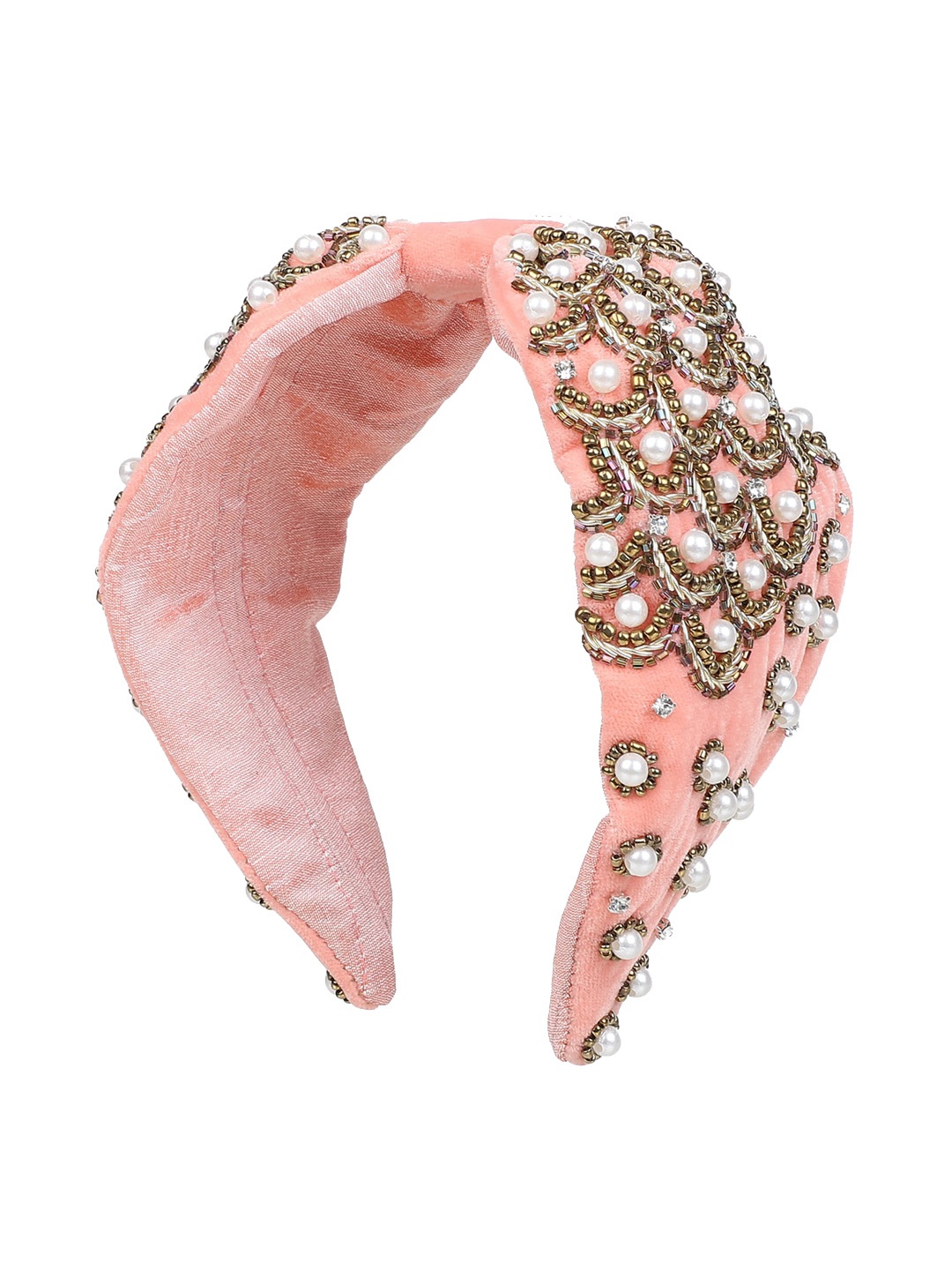 Anekaant Women Coral & Gold Velvet Pearl Beaded Hairband