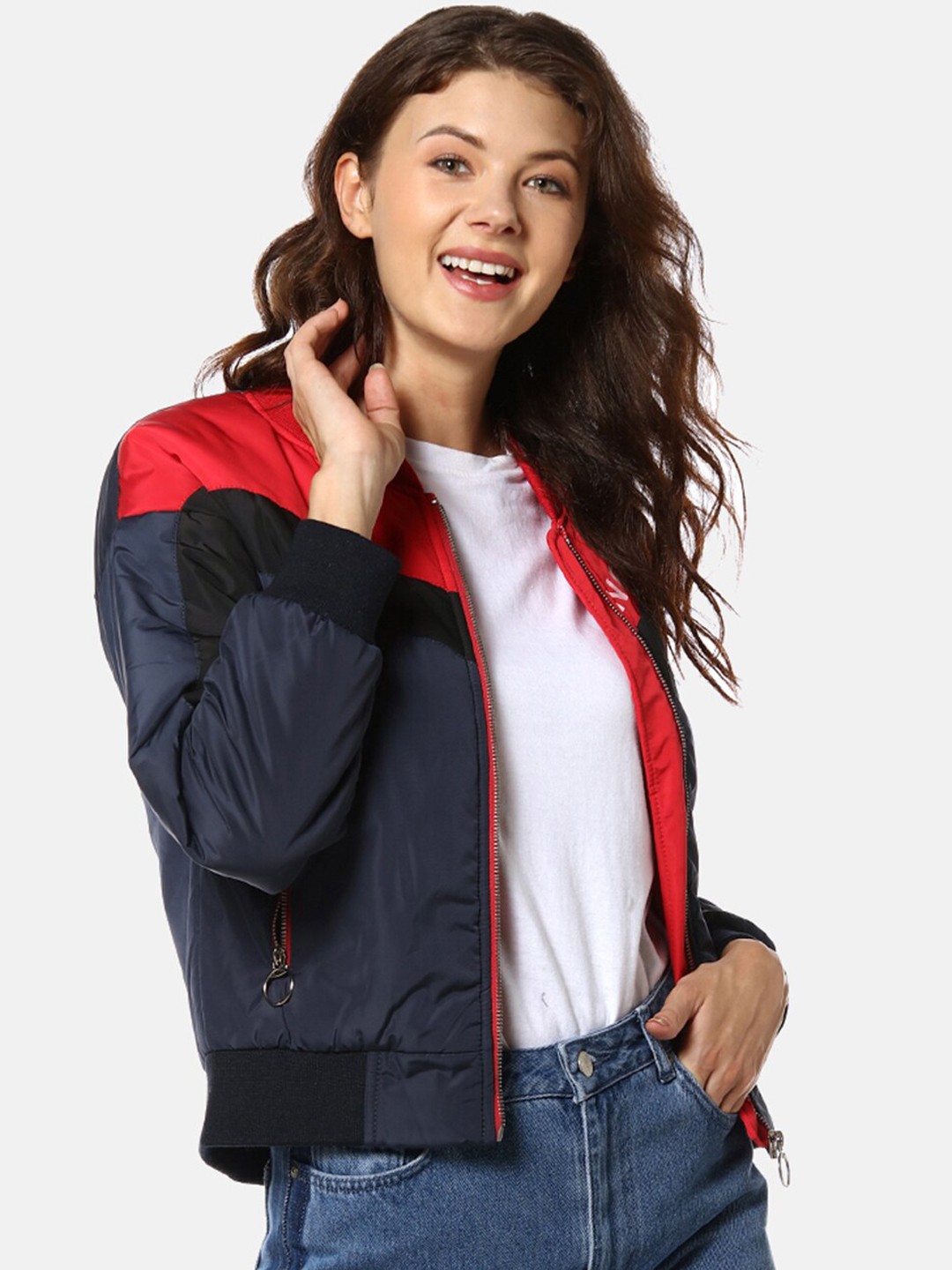 

Campus Sutra Women Blue Printed Windcheater Bomber