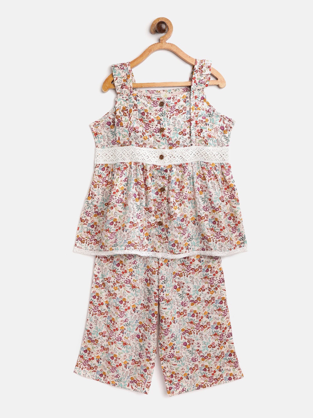 

Cherry Crumble Girls White & Blue Floral-Print Night Suit