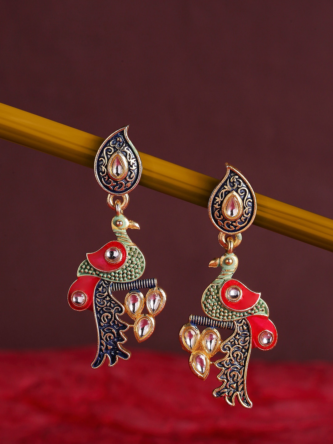 

OOMPH Green & Blue Peacock Shaped Meenakari Enamelled with Kundan Drop Earrings