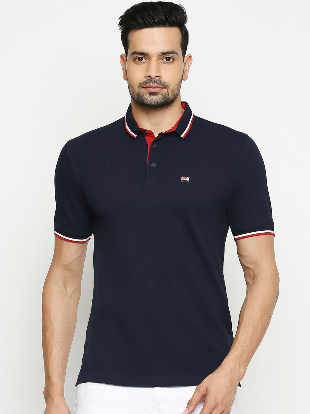 

BYFORD by Pantaloons Men Navy Blue Solid Slim Fit Polo Collar Pure Cotton T-shirt