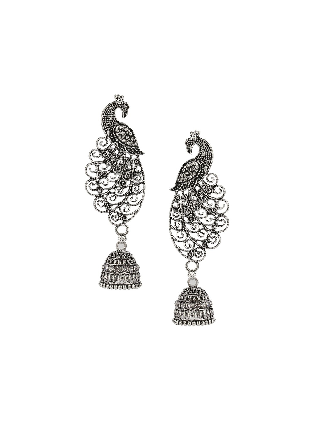 

ANIKAS CREATION Silver-Plated Peacock Shaped Jhumkas