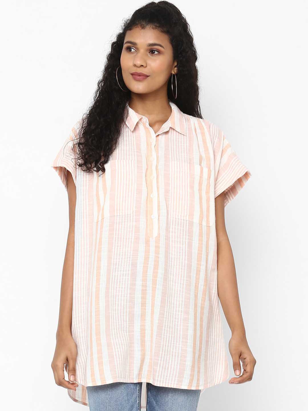 

AMERICAN EAGLE OUTFITTERS Women Pink Regular Fit Striped Casual Shirt