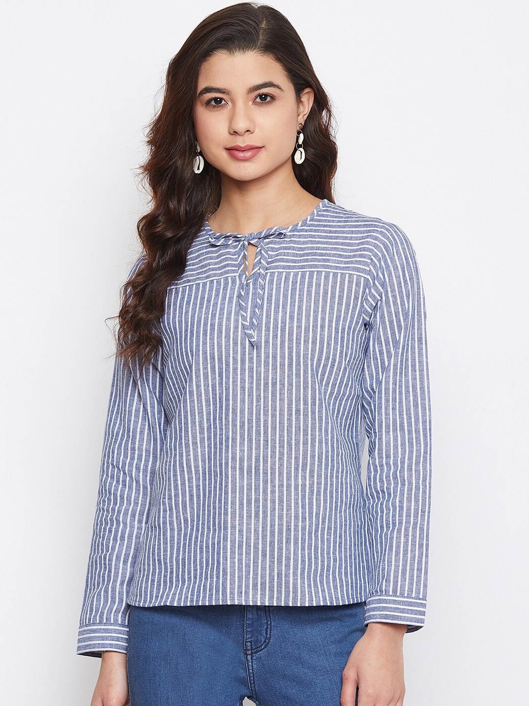 

Imfashini Women Blue Striped A-Line Top