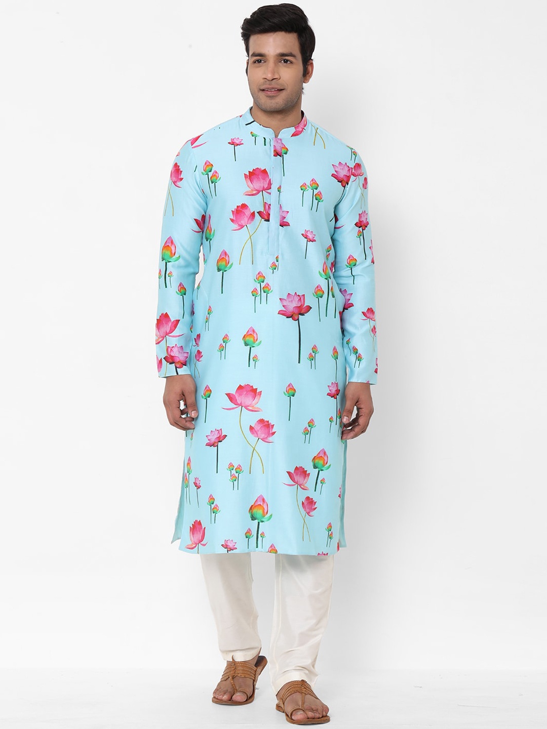 

Masaba Men Turquoise Blue & Pink Printed Straight Kurta