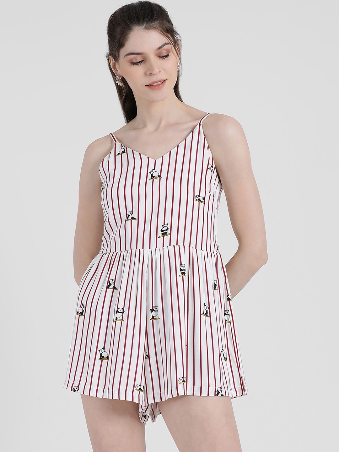 

Zink London Women White & Brown Striped Playsuit