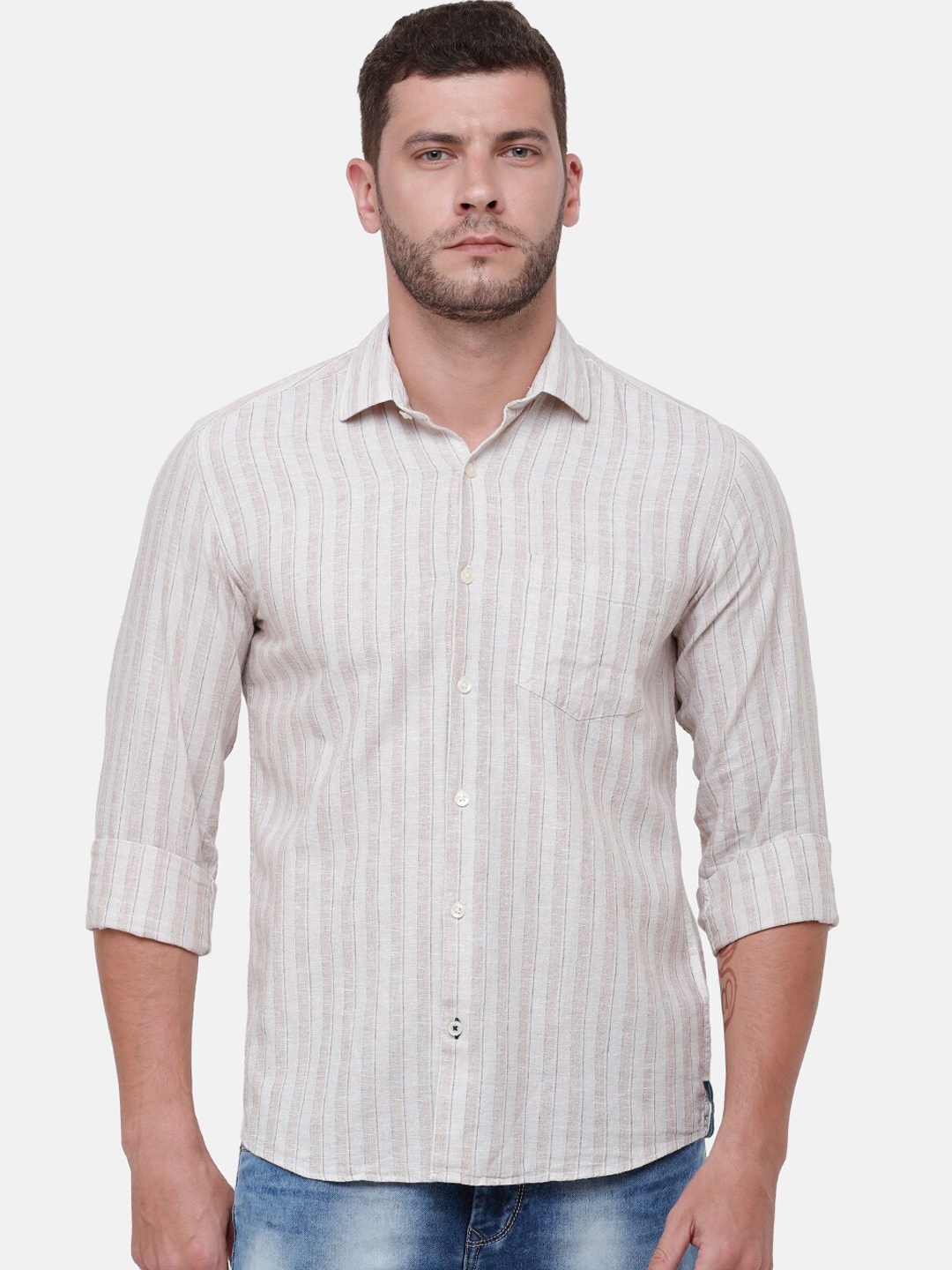 CAVALLO by Linen Club Men Linen Cotton Brown & White Striped Casual Shirt