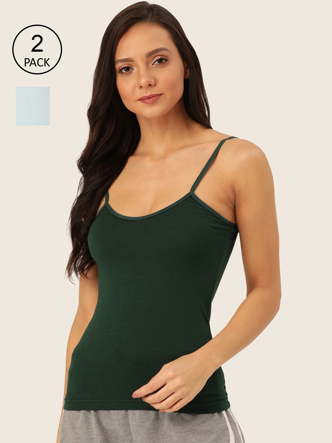 Lady Lyka Women Green & Blue Pack Of 2 Solid Camisoles