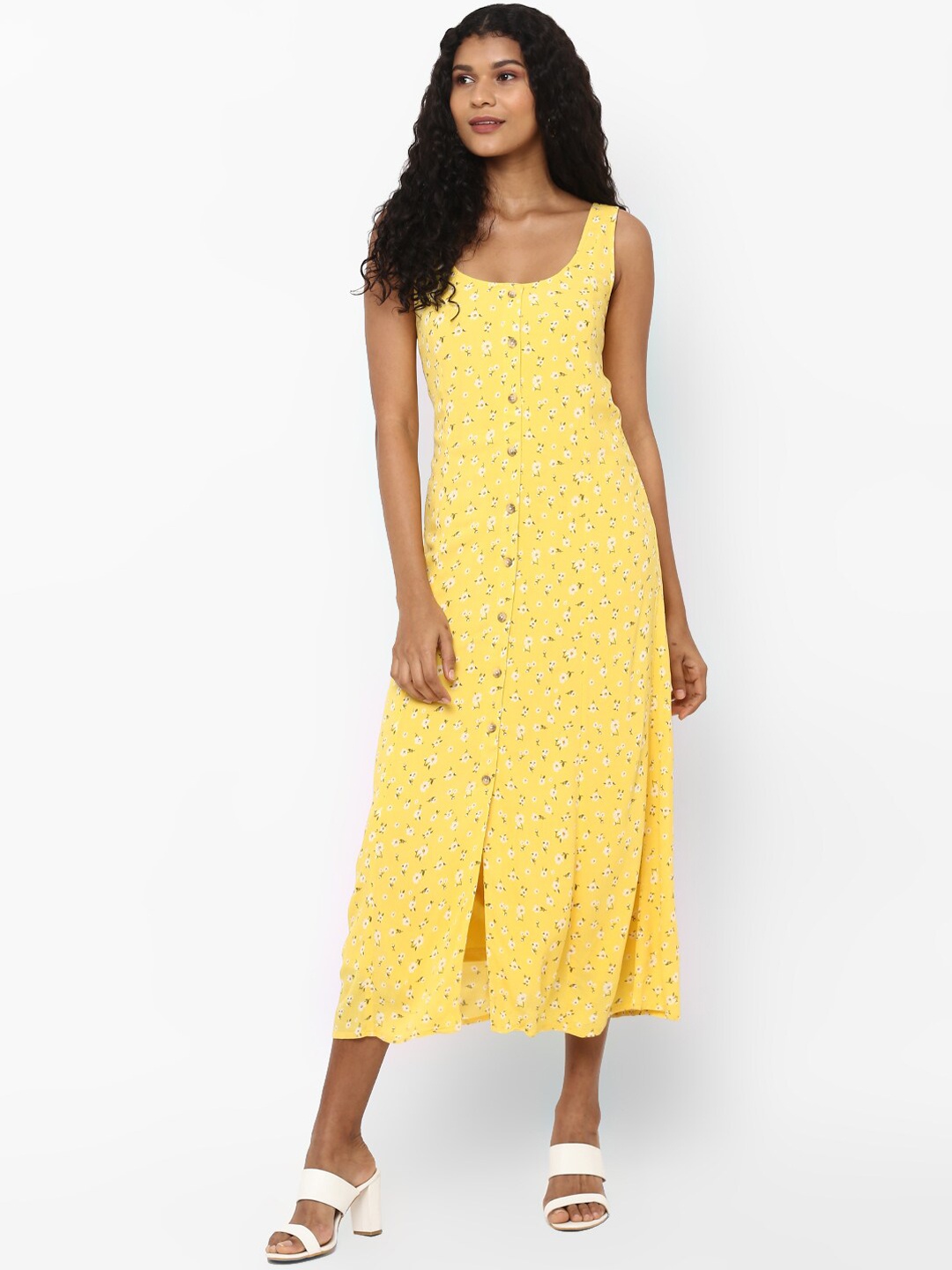 

AMERICAN EAGLE OUTFITTERS Women Yellow Floral Printed A-Line Dress