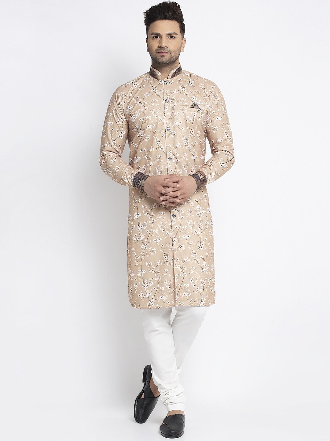 

Benstoke Men Beige & White Self Design Sherwani Set
