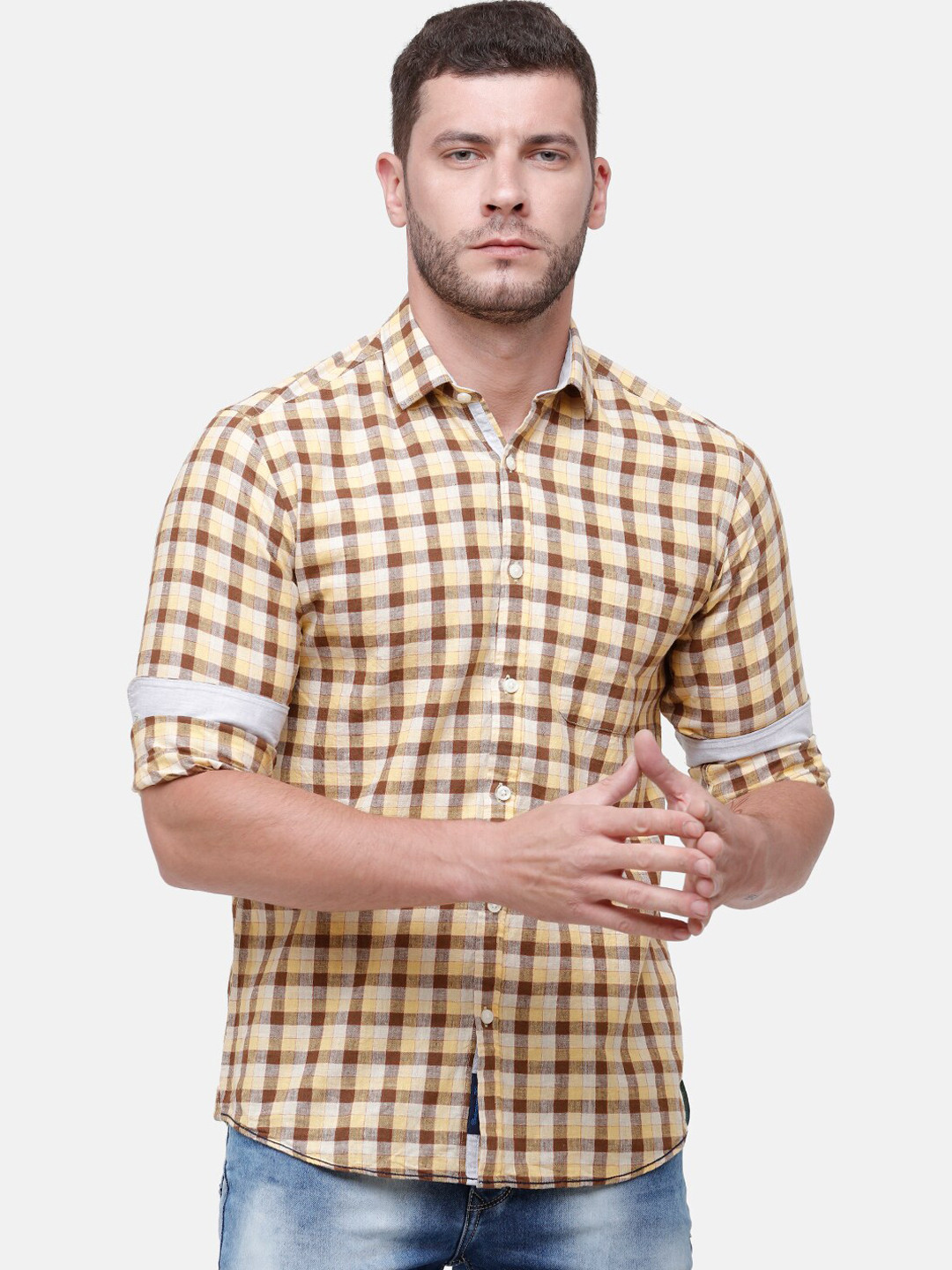 

CAVALLO by Linen Club Men Linen Cotton Yellow & Brown Regular Fit Checked Casual Shirt