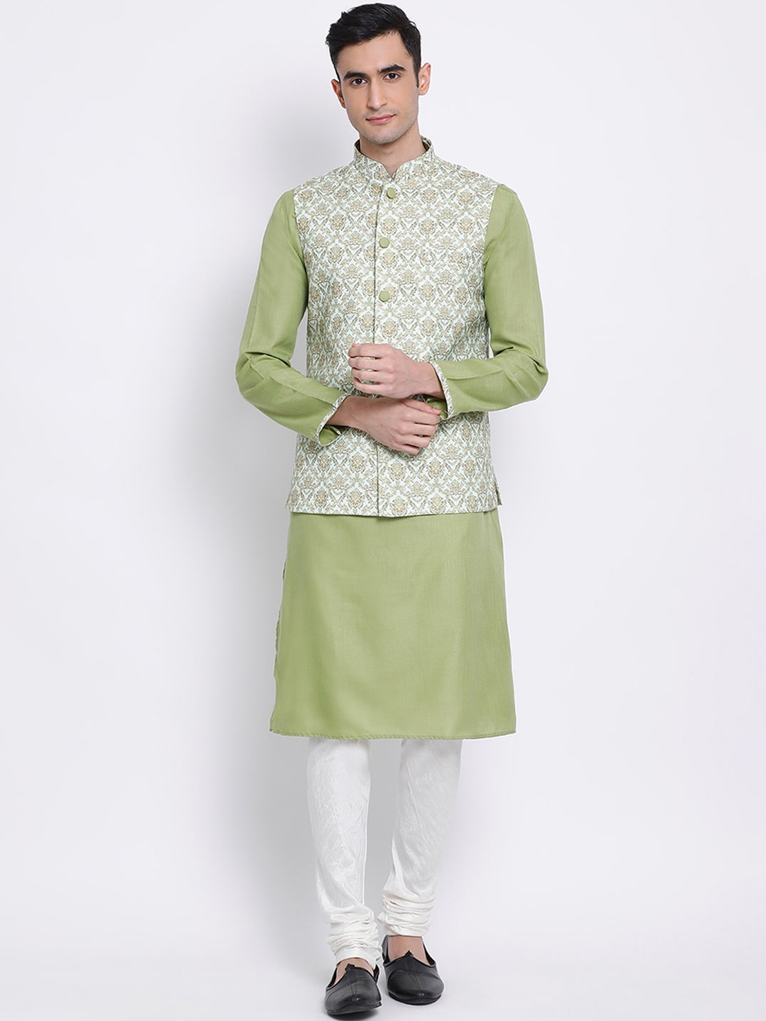 

Sanwara Men Green & White Solid Silk Kurta Nehru Jacket Set with Churidar