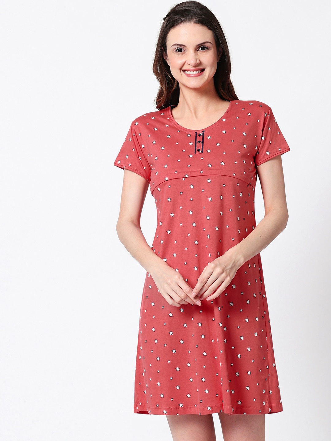 

Zeyo Women Rust Red Printed Maternity Nightdress