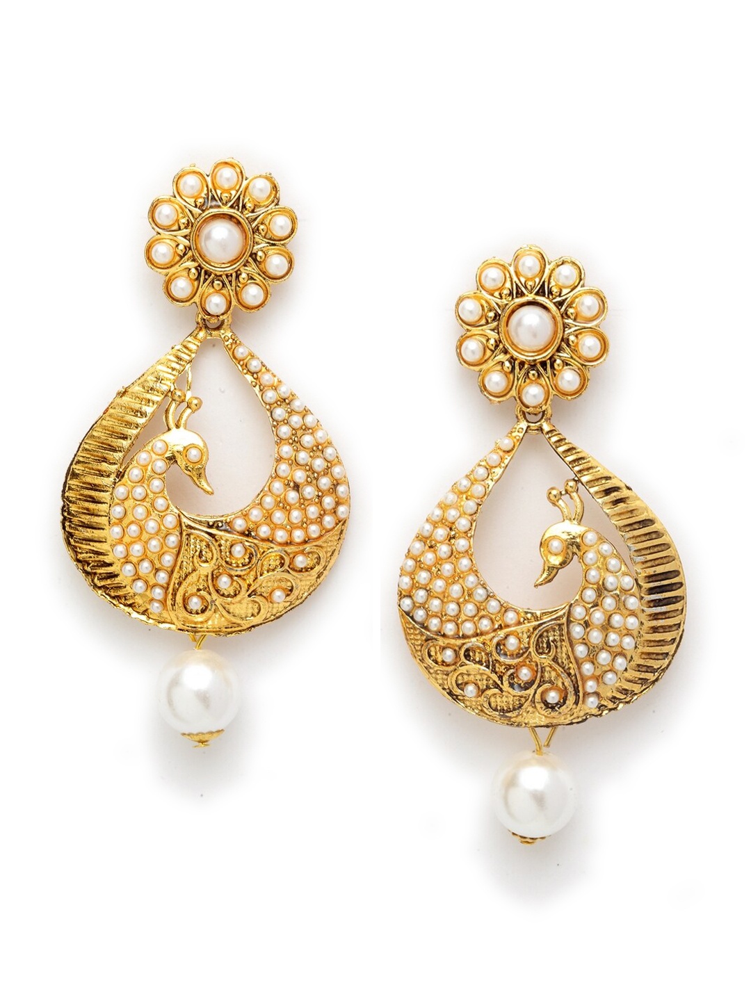 ANIKAS CREATION Gold-Plated & Off-White Peacock Shaped Drop Earrings