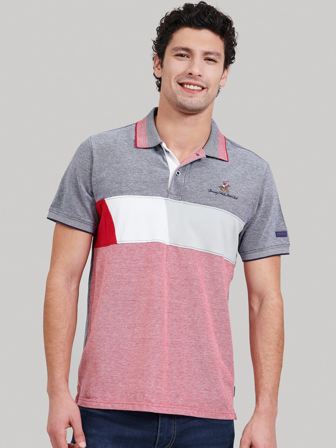 Beverly Hills Polo Club Men Navy Blue Colourblocked Polo Collar T-shirt