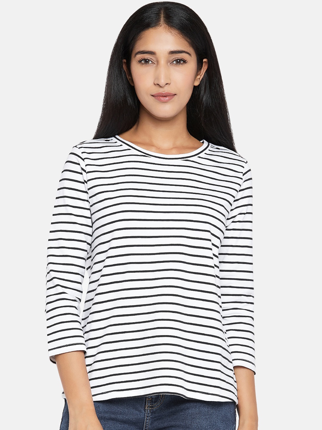 

People Women Black White Striped Round Neck Pure Cotton T-shirt