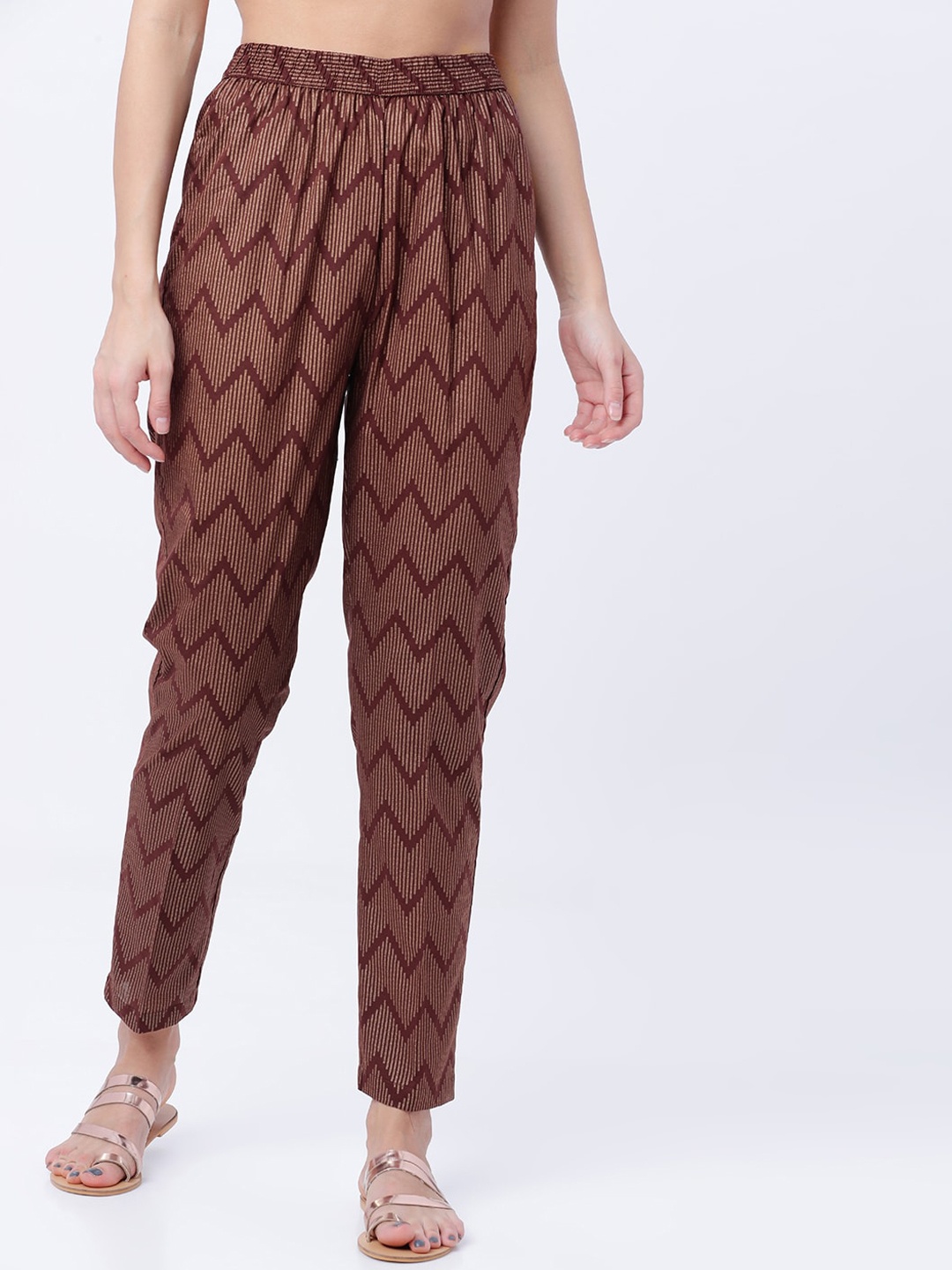 

Vishudh Women Maroon & Beige Slim Fit Printed Regular Trousers