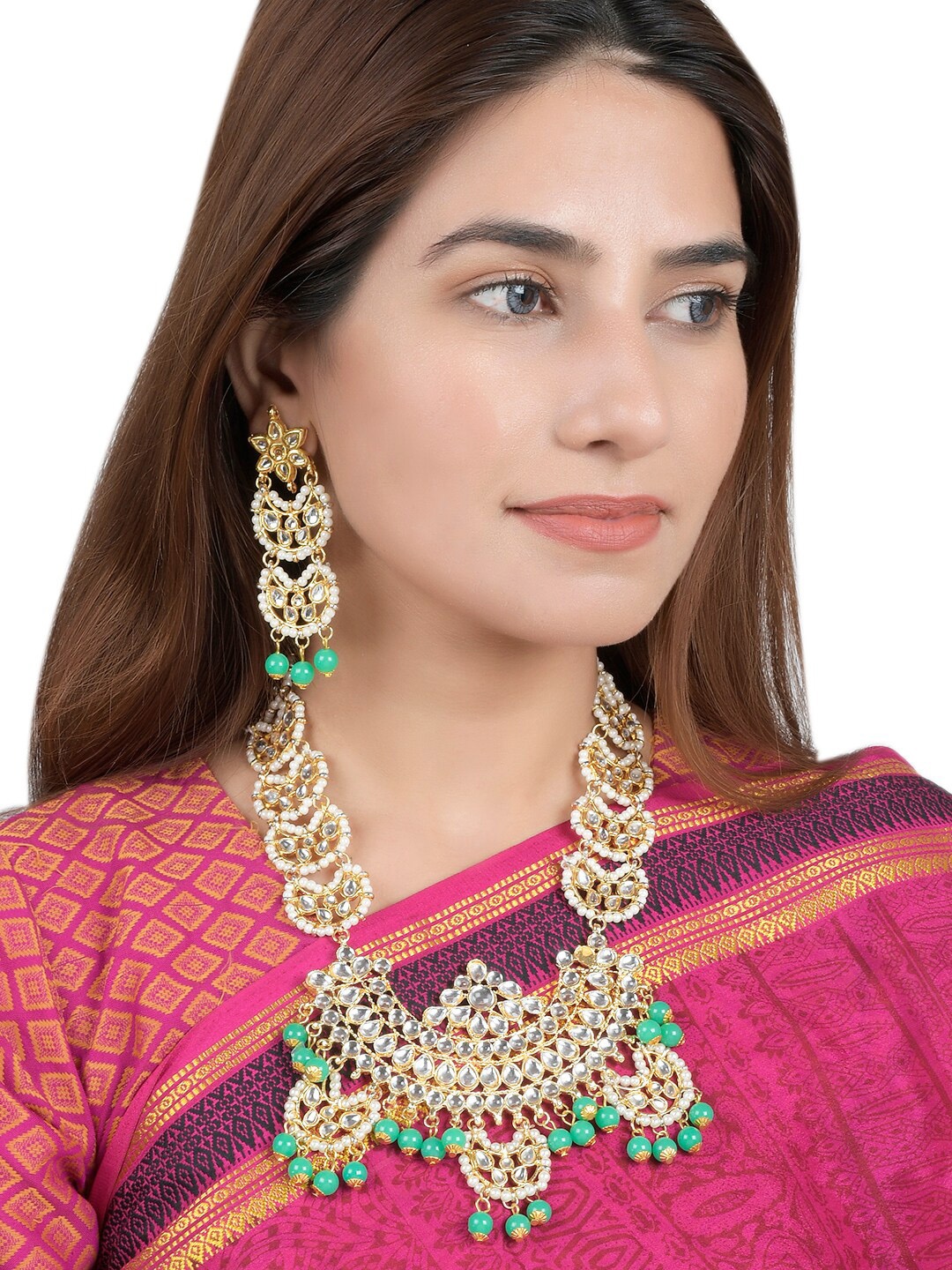 

Silvermerc Designs Gold-Plated White & Green Kundan-Studded & Beaded Handcrafted Jadau Long Bridal Ranihar Jewellery Set